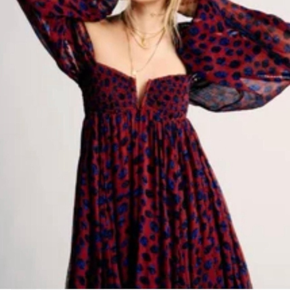 Free People Burgundy Dress with Blue Floral Design